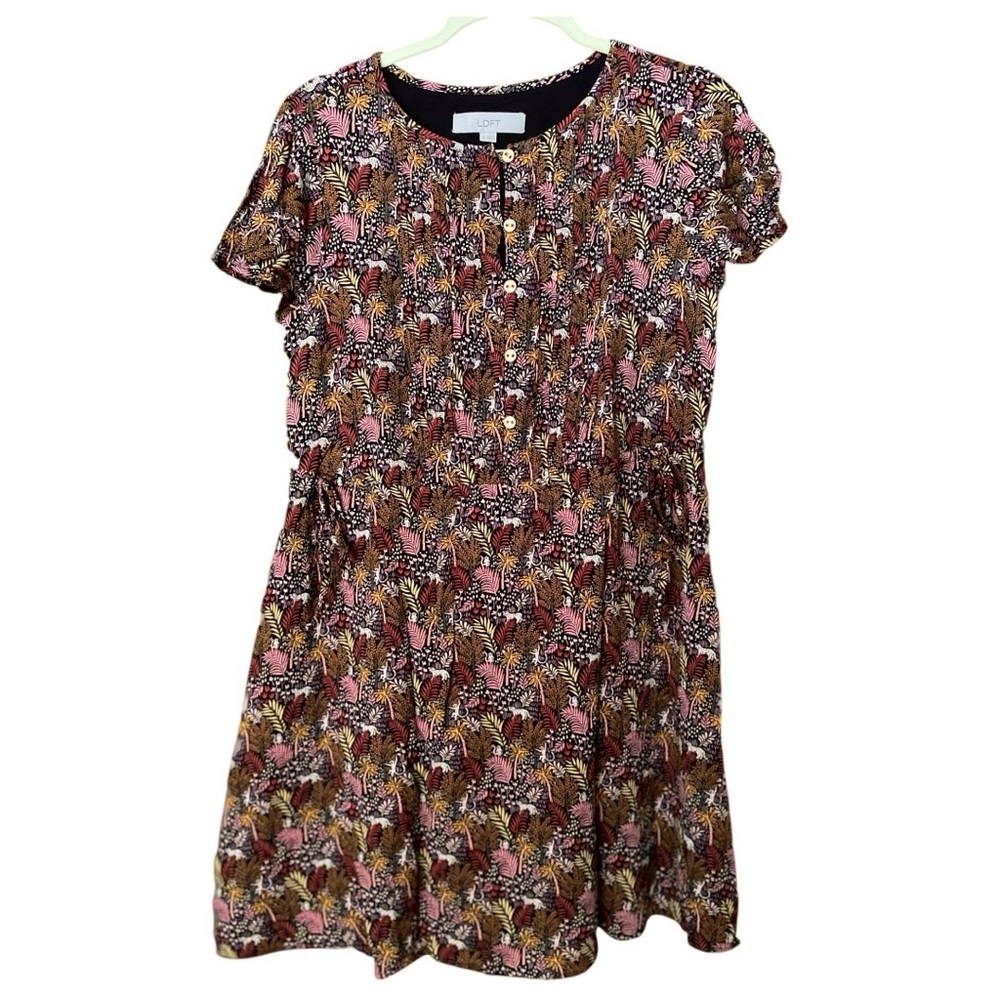 LOFT Jungle Print Dress Button Front with Monkey Leopard Palm Tree Designs